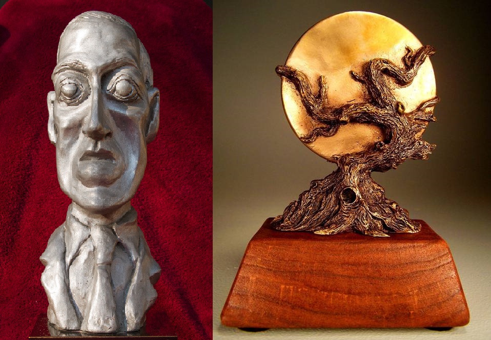 Statuetka popiersie Lovecrafta i statuetka z wzorem drzewa na tle księżyca