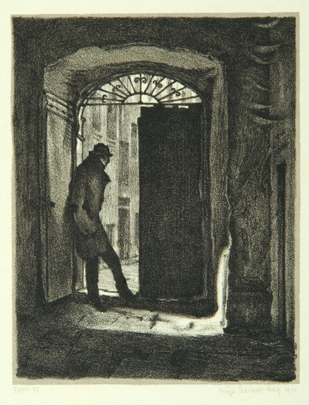 Ilustracja Hugo Steinera przedstawiająca człowieka stojącego w bramie kamienicy